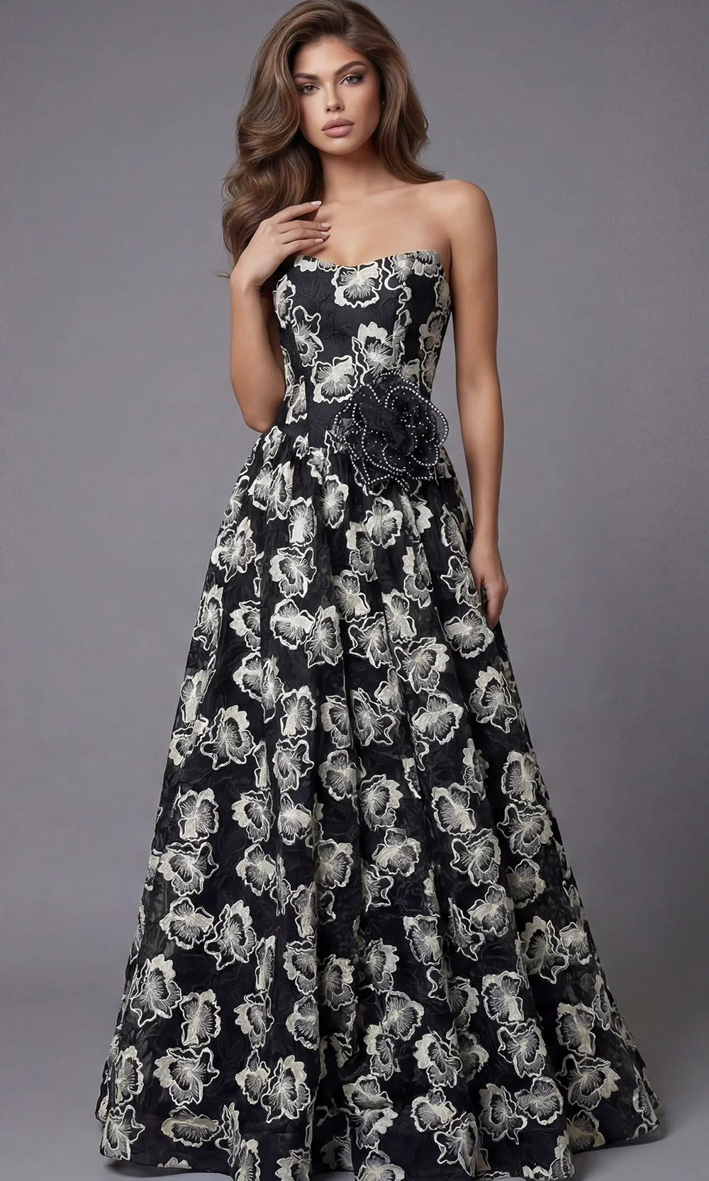Jovani 45499 - Rosette Waist Strapless Evening Gown Prom Dresses  in Black  
