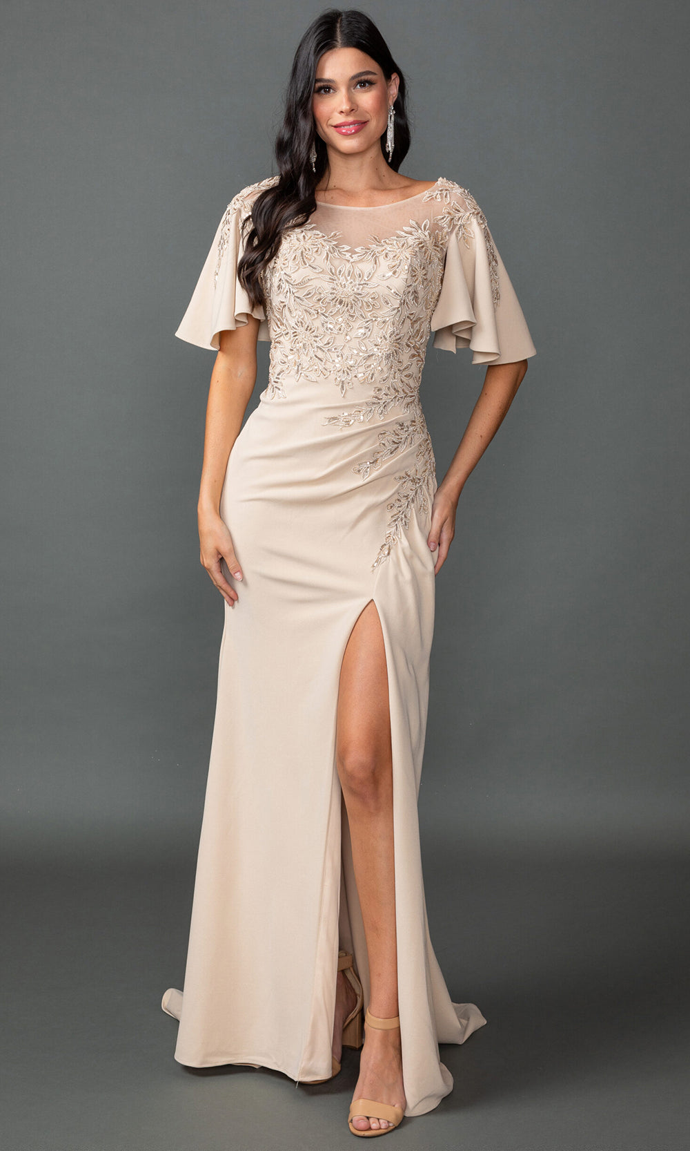 Dancing Queen 4549 - Flutter Sleeve Embroidered Long Sheath Gown Mother of the Bride Dresses in Gold 