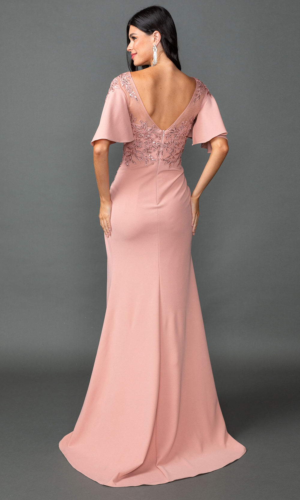 Dancing Queen 4549 - Flutter Sleeve Embroidered Long Sheath Gown Mother of the Bride Dresses in Rose Gold