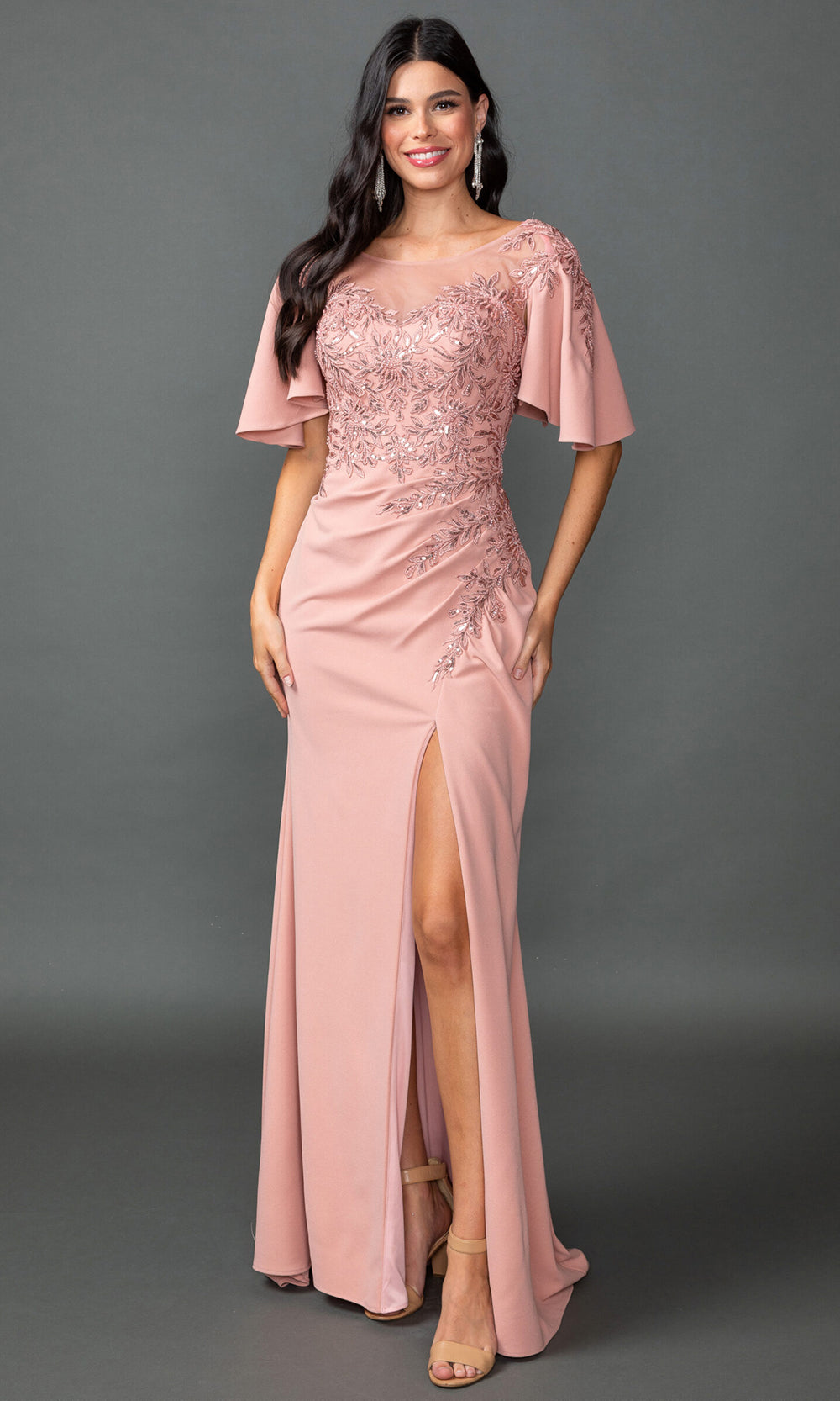 Dancing Queen 4549 - Flutter Sleeve Embroidered Long Sheath Gown Mother of the Bride Dresses in Rose Gold