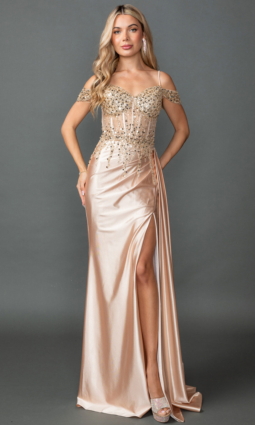 Dancing Queen 4551 - Sequin Ornate Sweetheart Fitted Gown Prom Dresses in Gold 