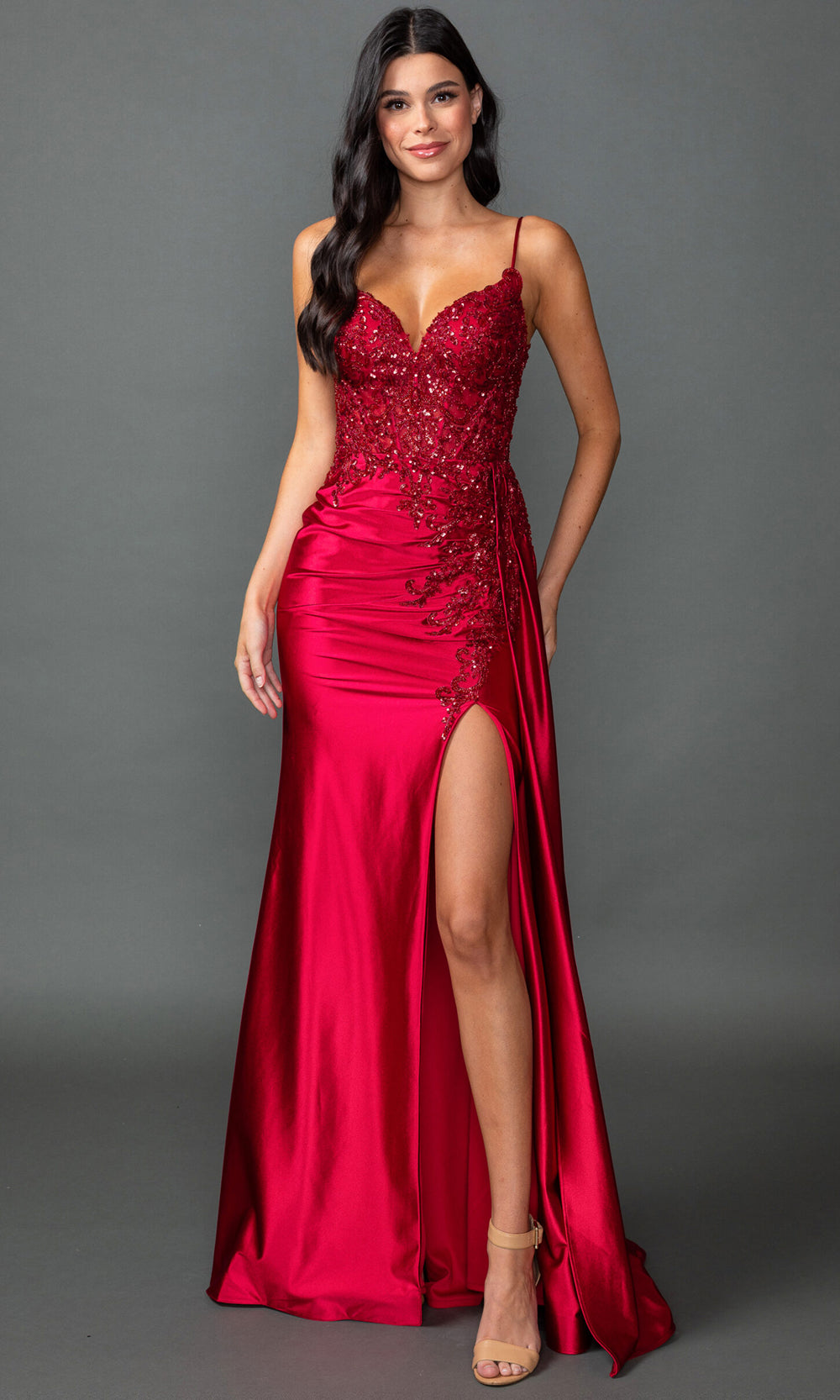 Dancing Queen 4552 - V-Neckline Sequin Embellished Sheath Gown Prom Dresses in Burgundy 