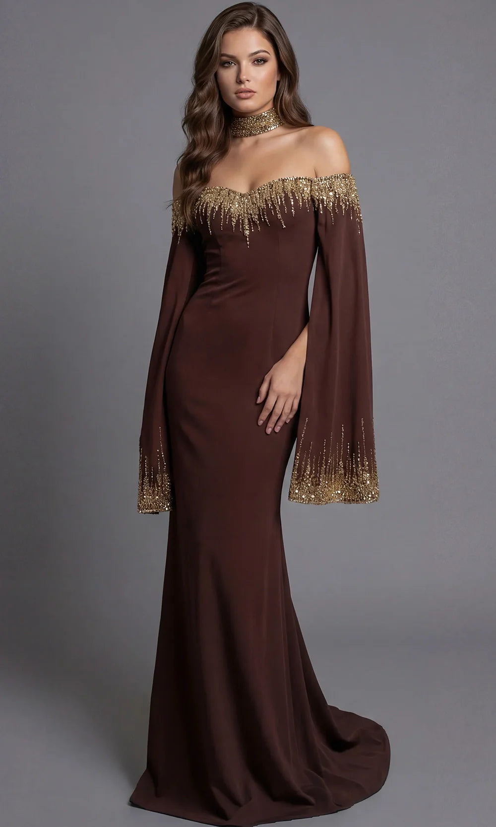 Jovani 45535 - Off Shoulder Fitted Gown with Choker Prom Dresses  in Brown  
