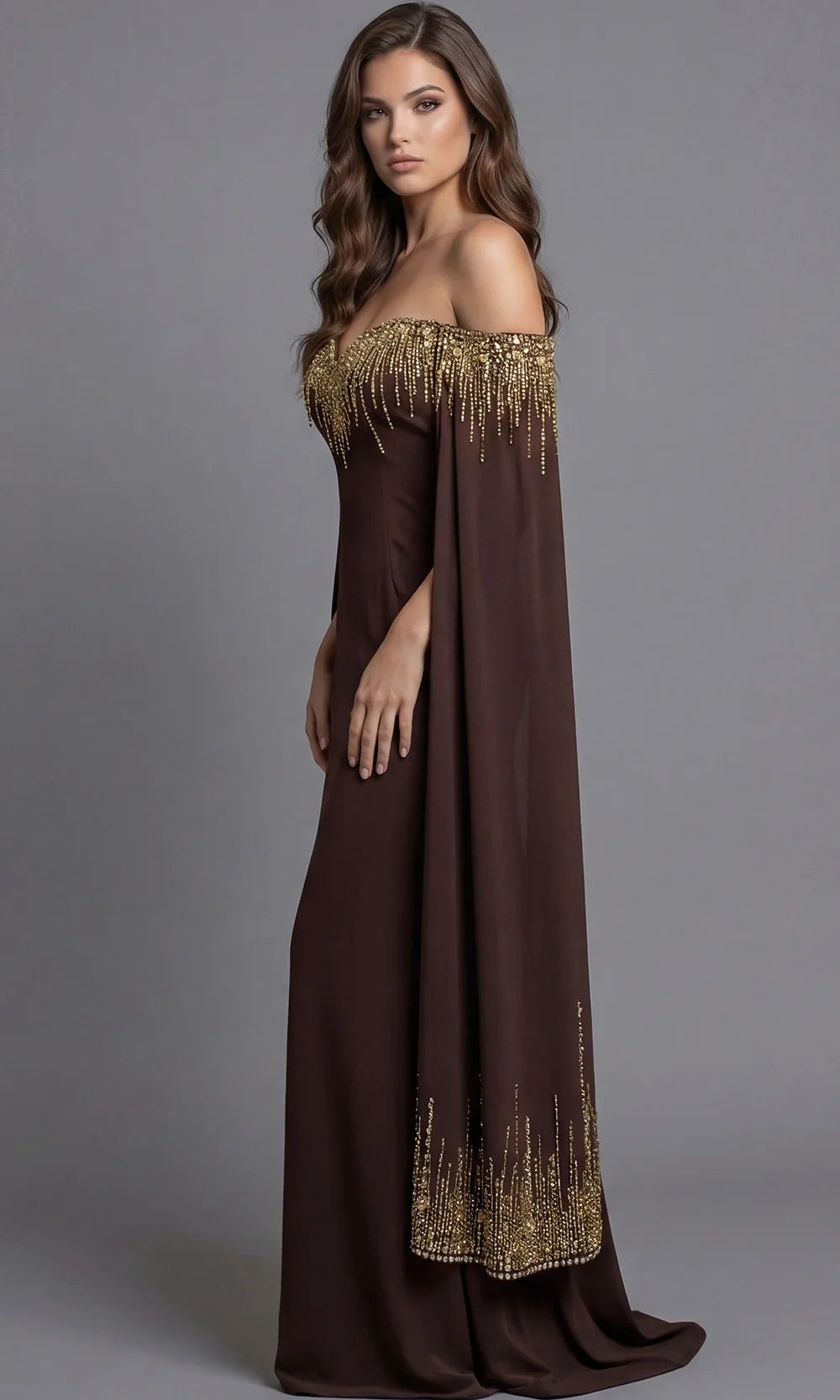 Jovani 45535 - Off Shoulder Fitted Gown with Choker Prom Dresses  in Brown  