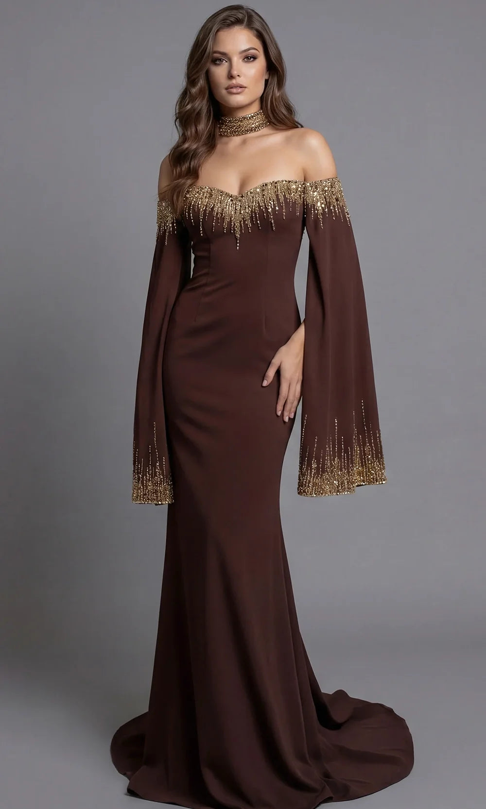 Jovani 45535 - Bell Sleeve Beaded Ornate Evening Gown Special Occasion Dress In Brown