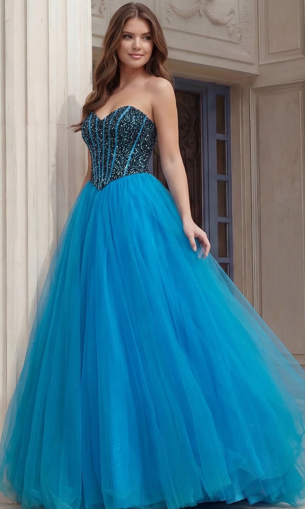 Jovani 45539 - Beaded Corset Layered Tulle Ballgown Special Occasion Dress In Blue