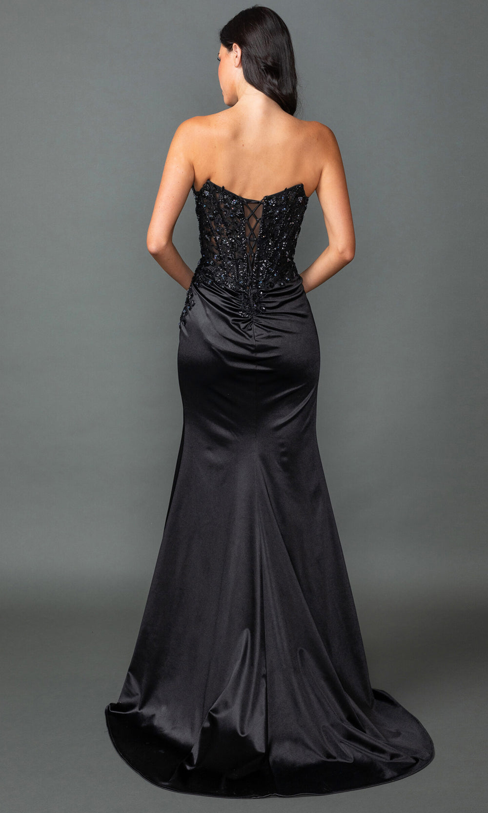 Dancing Queen 4555 - Strapless Beaded Ornate High Slit Gown Prom Dresses in Black 