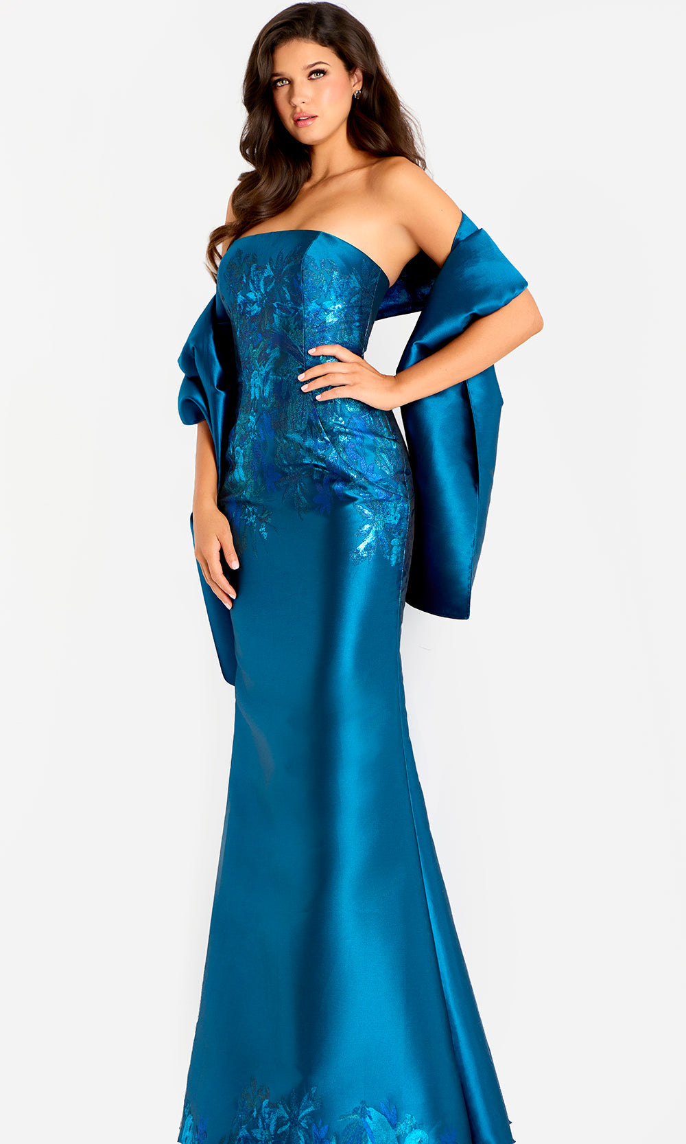Jovani 45577 - Embroidered Satin Straight Neckline Gown