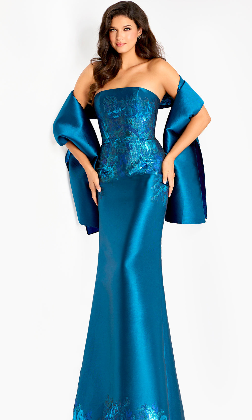 Jovani 45577 - Embroidered Satin Straight Neckline Gown