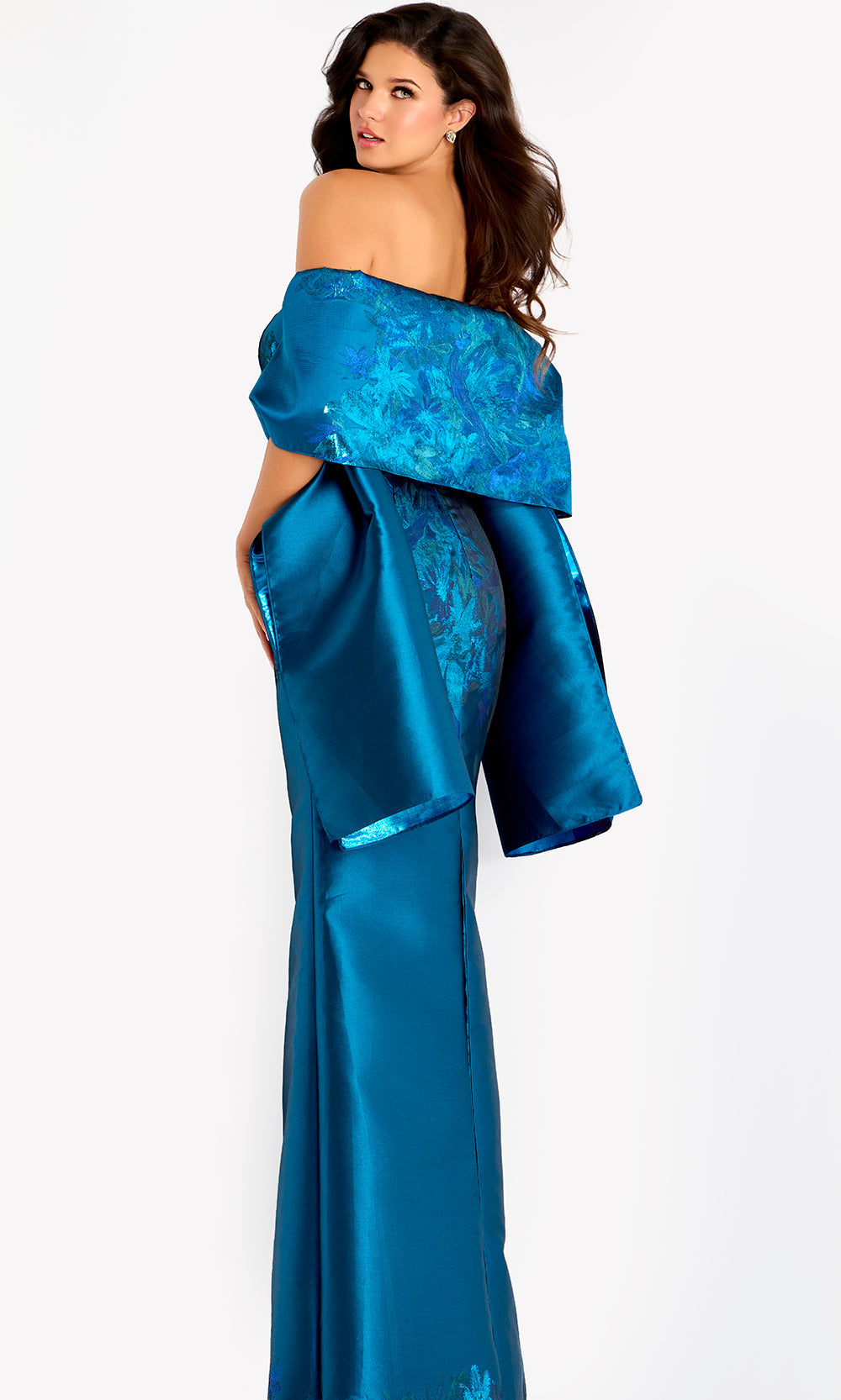 Jovani 45577 - Embroidered Satin Straight Neckline Gown