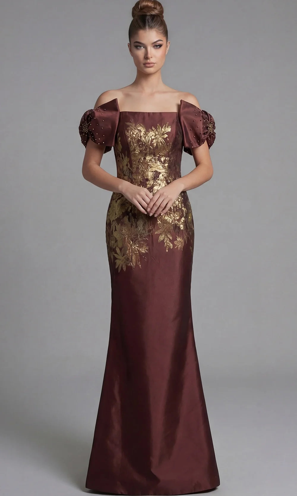 Jovani 45579 - Metallic Floral Short Puff Sleeve Gown Special Occasion Dress In Brown