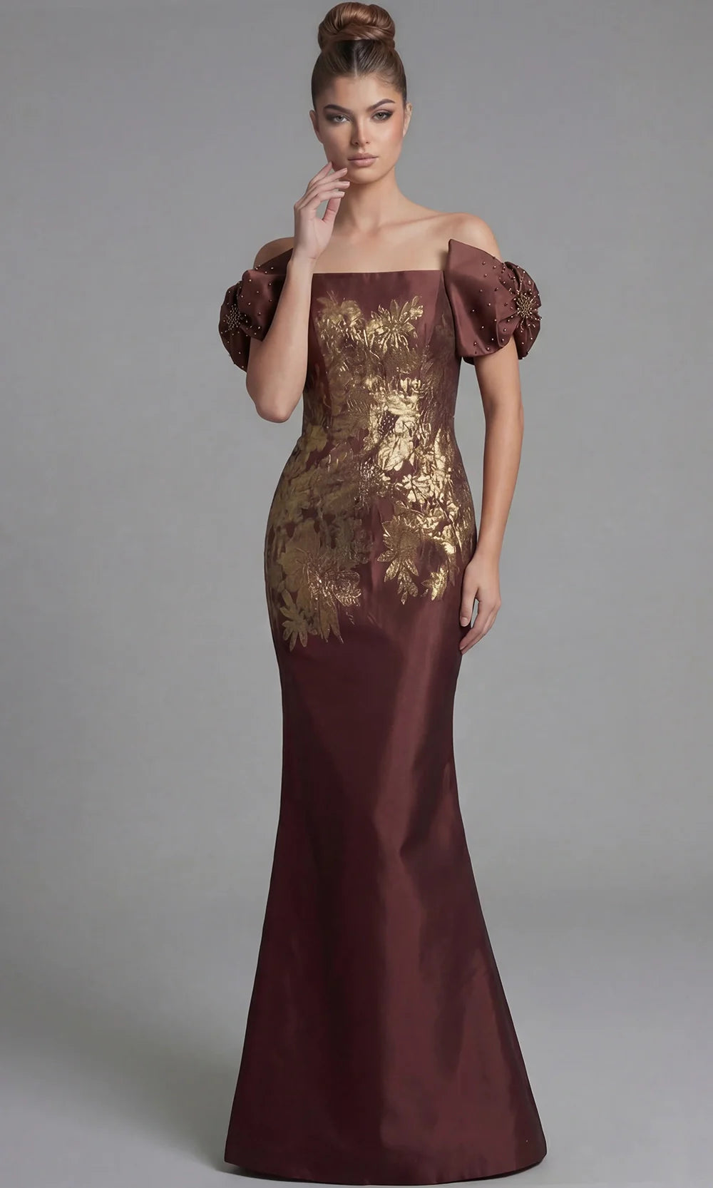 Jovani 45579 - Off Shoulder Floral Texture Column Evening Gown Prom Dresses  in Brown  