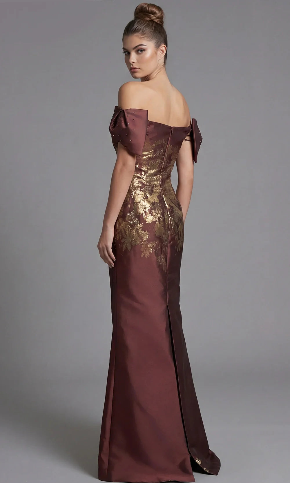 Jovani 45579 - Off Shoulder Floral Texture Column Evening Gown Prom Dresses  in Brown  