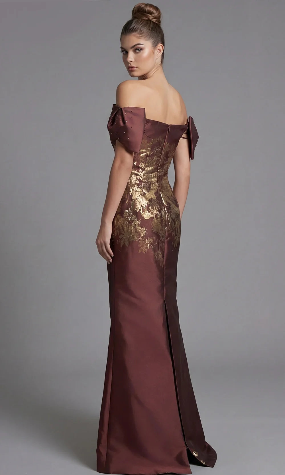 Jovani 45579 - Metallic Floral Short Puff Sleeve Gown Special Occasion Dress In Brown