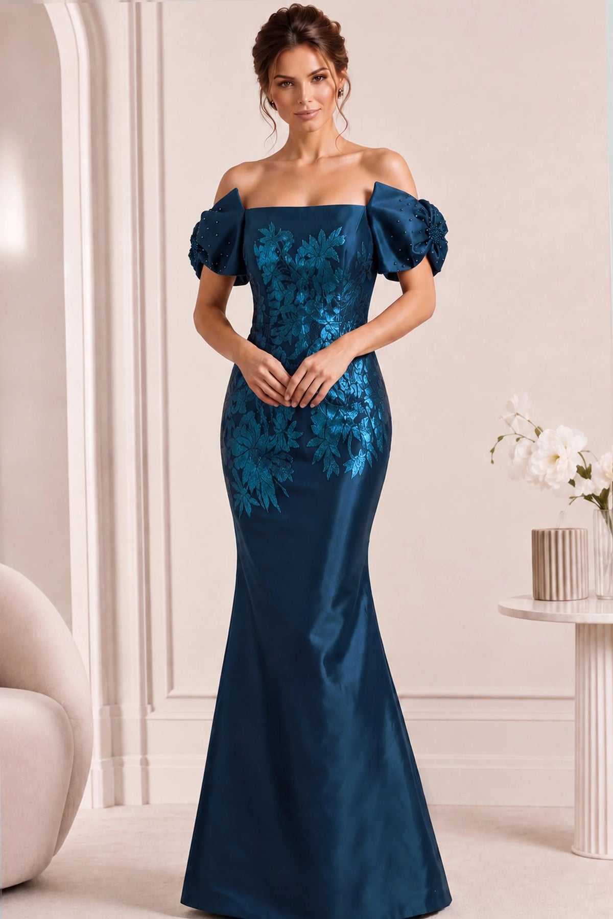 Jovani 45579 - Off Shoulder Floral Texture Column Evening Gown