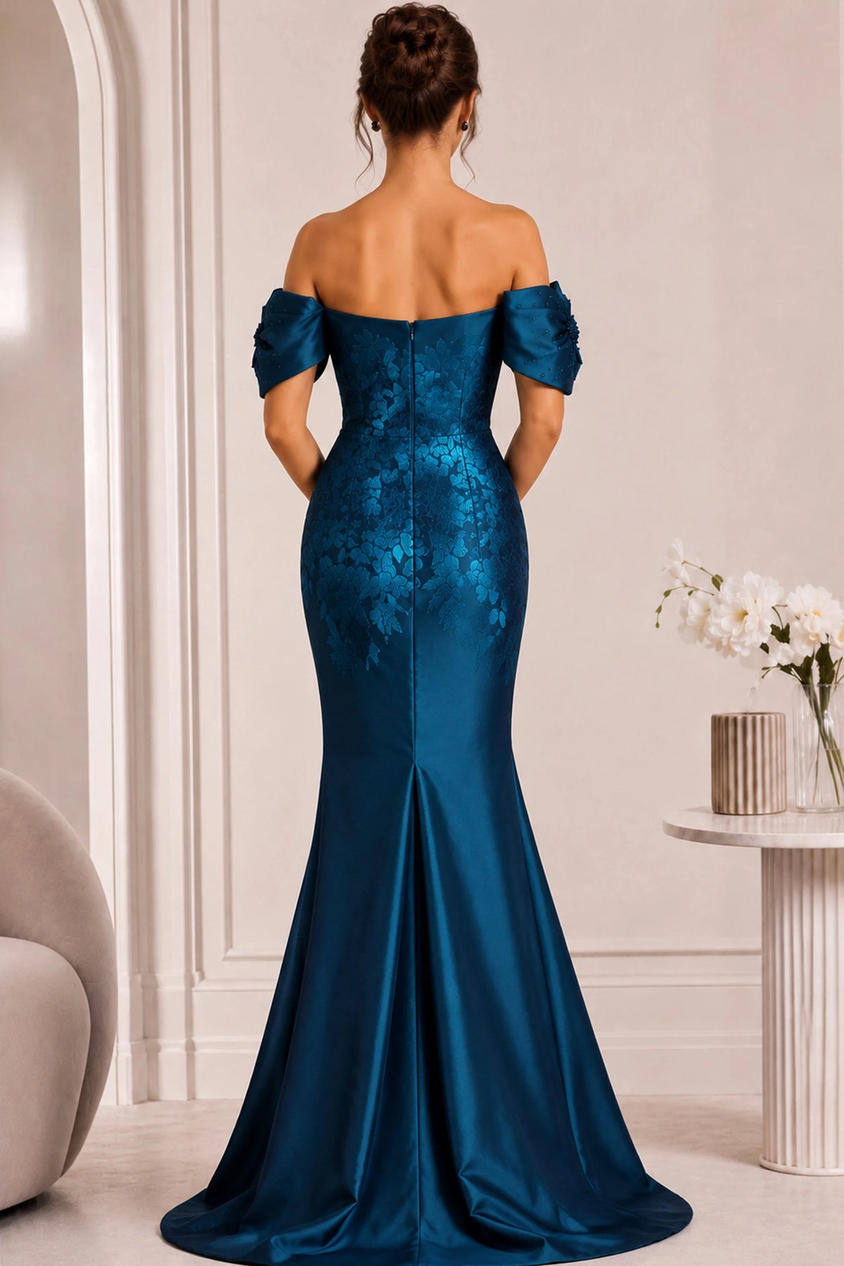 Jovani 45579 - Off Shoulder Floral Texture Column Evening Gown