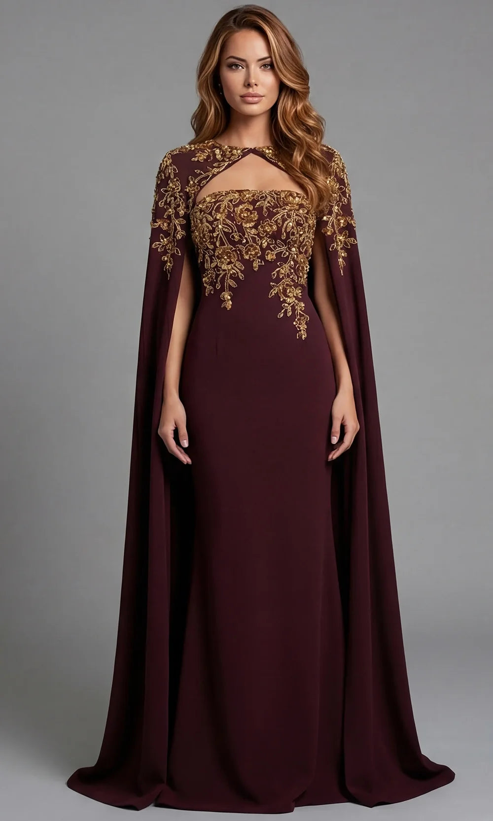 Jovani 45582 - Embroidered Cape Sleeve Sheath Gown Special Occasion Dress In Brown
