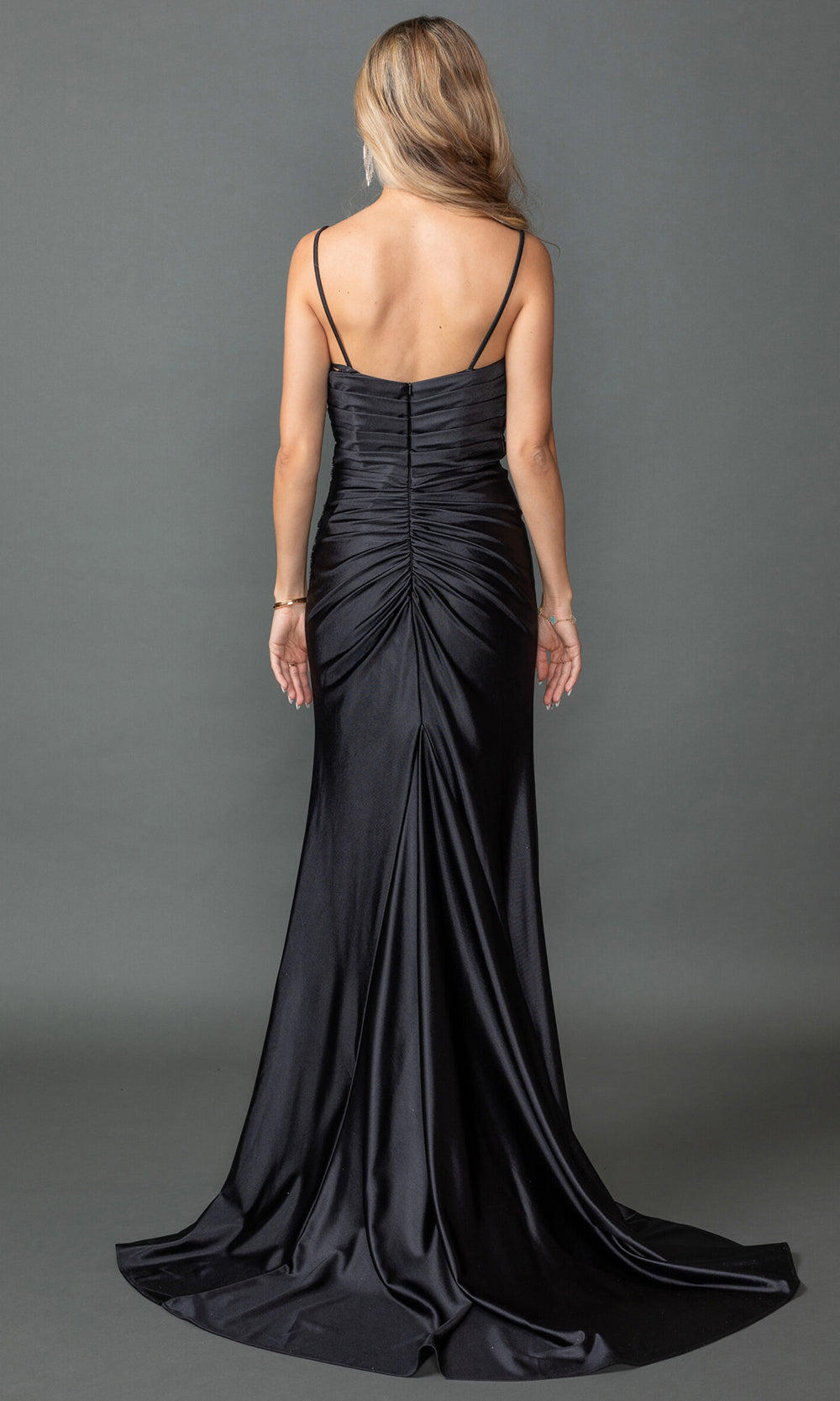 Dancing Queen 4558 - Ruched Bodice Sleeveless Gown with Slit Prom Dresses in Black 