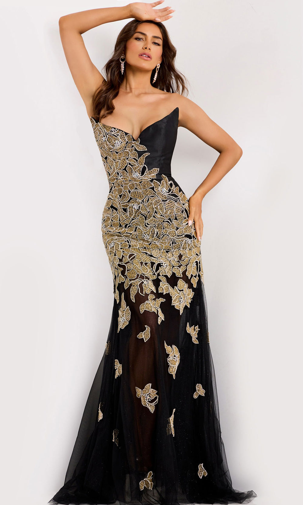 Jovani 45604 - Strapless Beaded Embroidered Tulle Gown