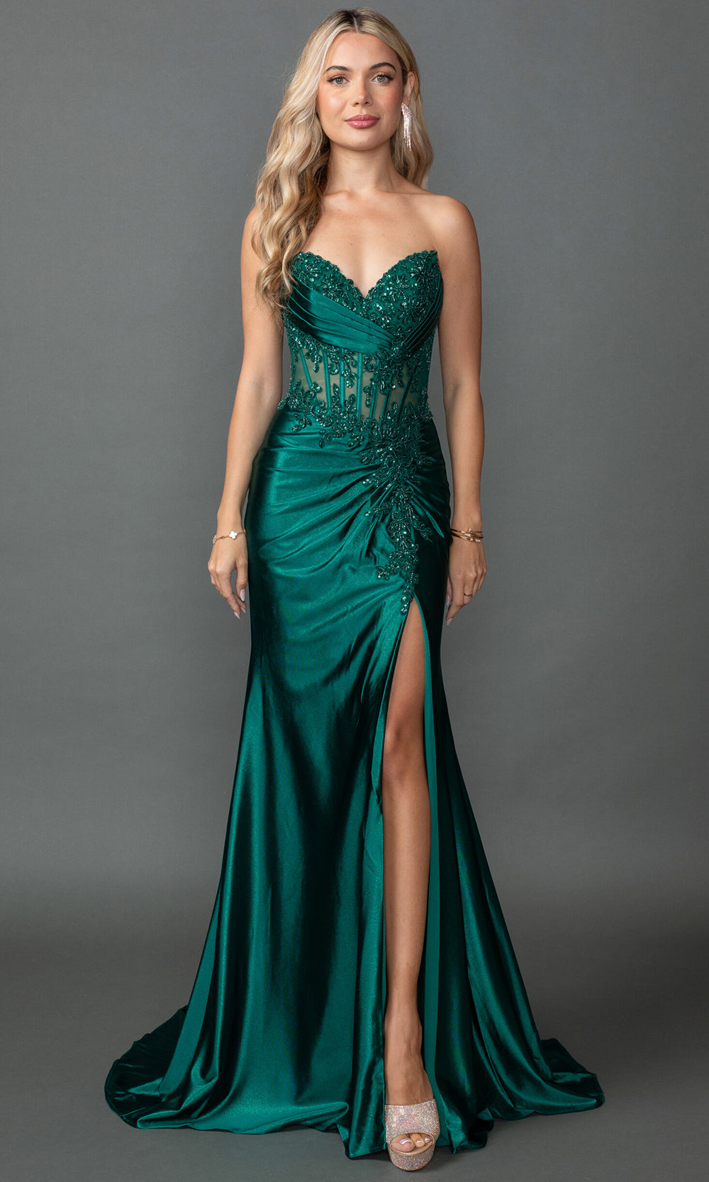 Dancing Queen 4560 - Strapless Beaded Lace Corset Satin Prom Dress Prom Dresses