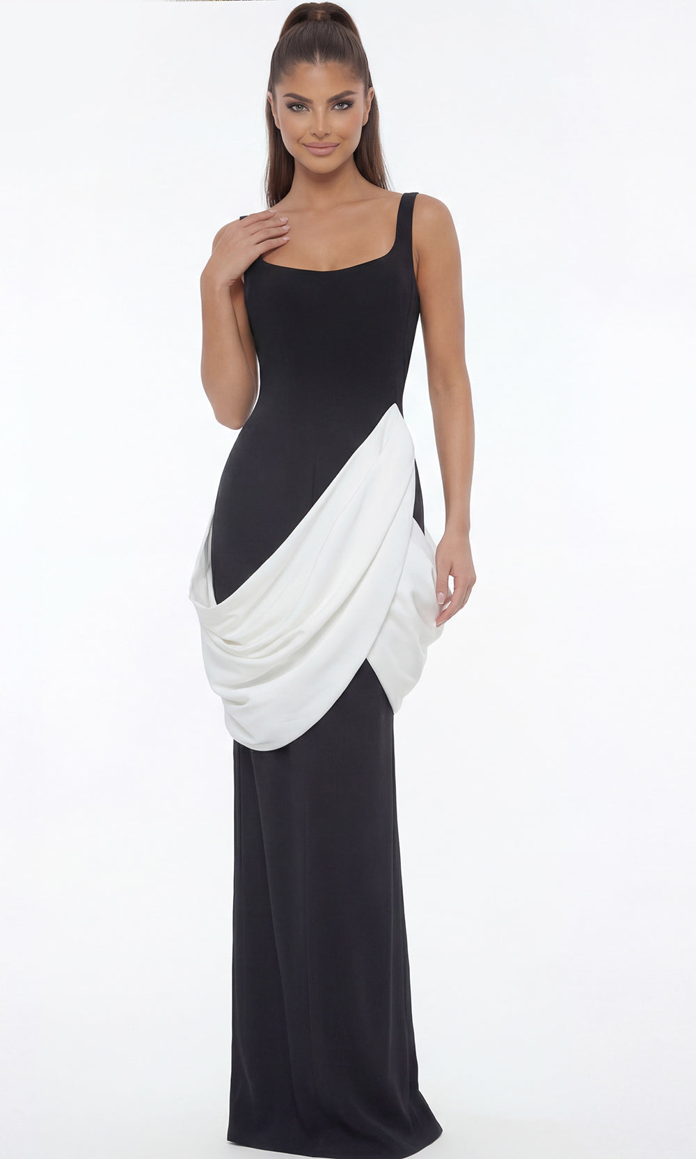 Jovani 45619 - Square Neck Draped Sheath Gown Special Occasion Dress In Black White