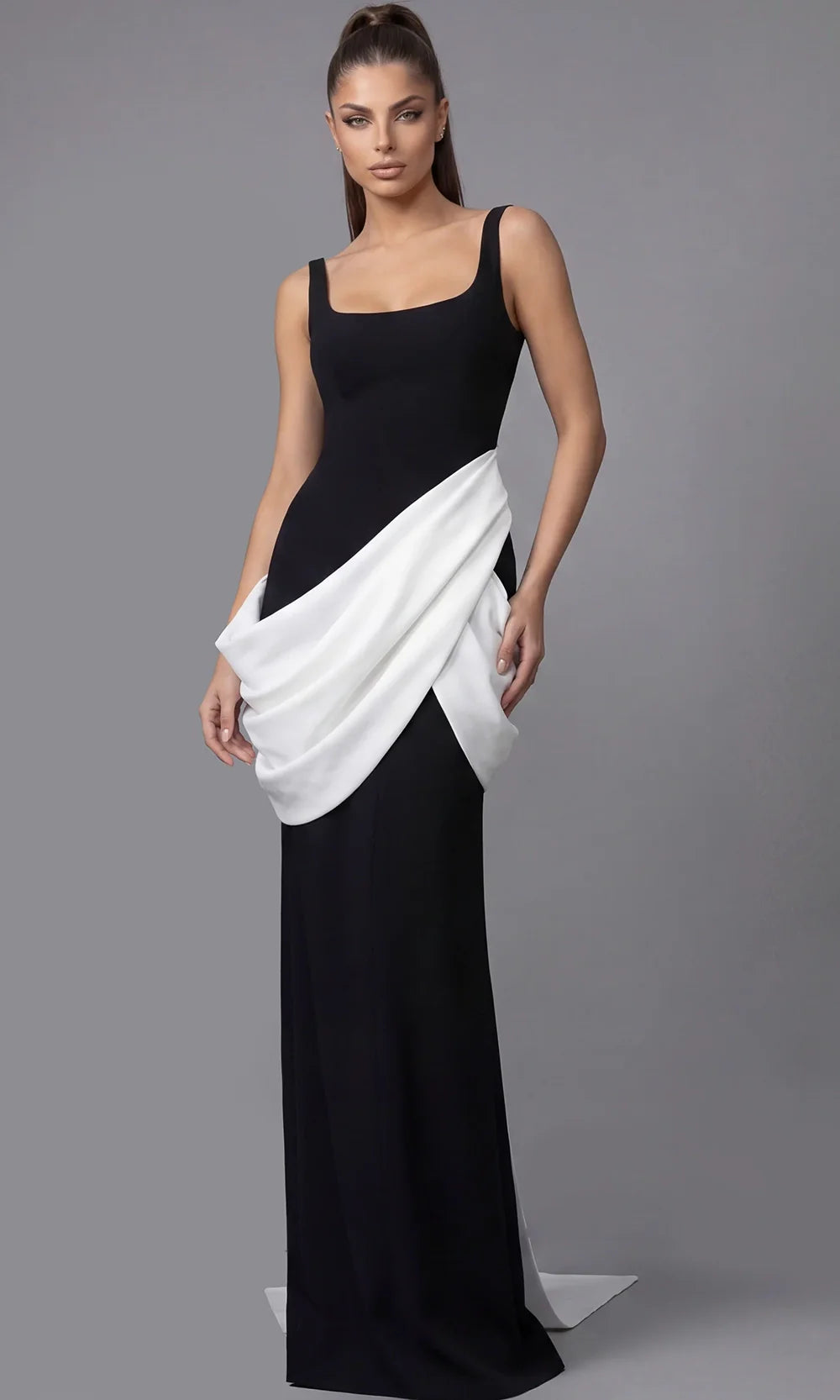 Jovani 45619 - Two Tone Sleeveless Evening Gown with Back Train Prom Dresses  in Black White 