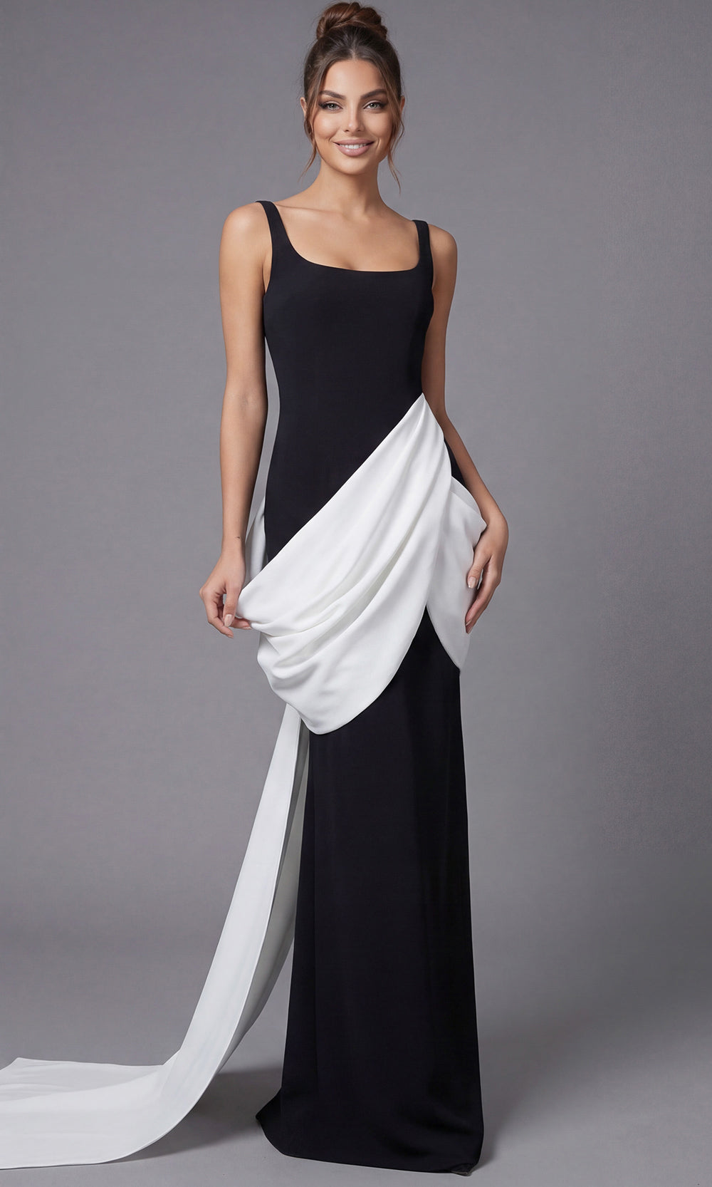 Jovani 45619 - Square Neck Draped Sheath Gown Special Occasion Dress In Black White