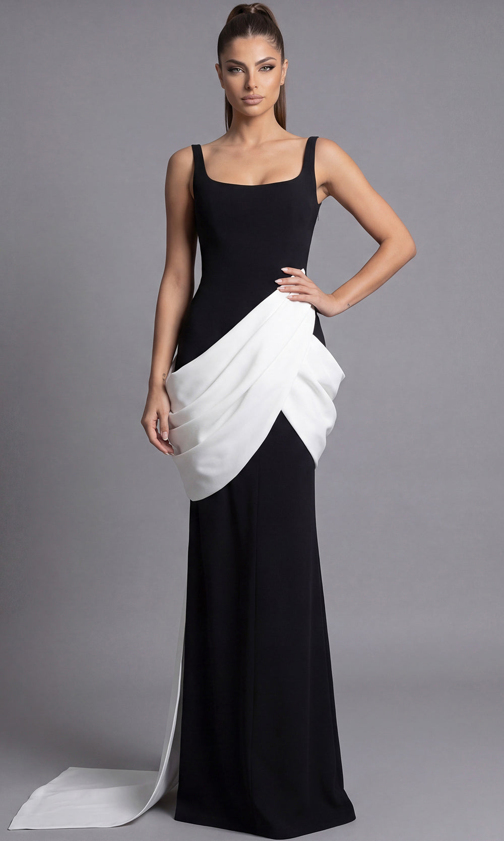 Jovani 45619 - Square Neck Draped Sheath Gown Special Occasion Dress In Black White