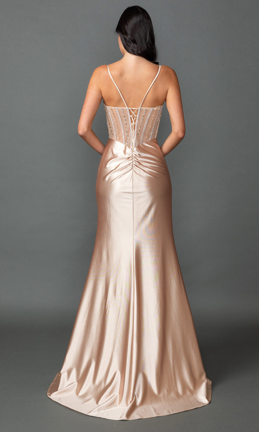 Dancing Queen 4561 - Draped Bodice Spaghetti Strap Satin Gown Prom Dresses in Champagne 