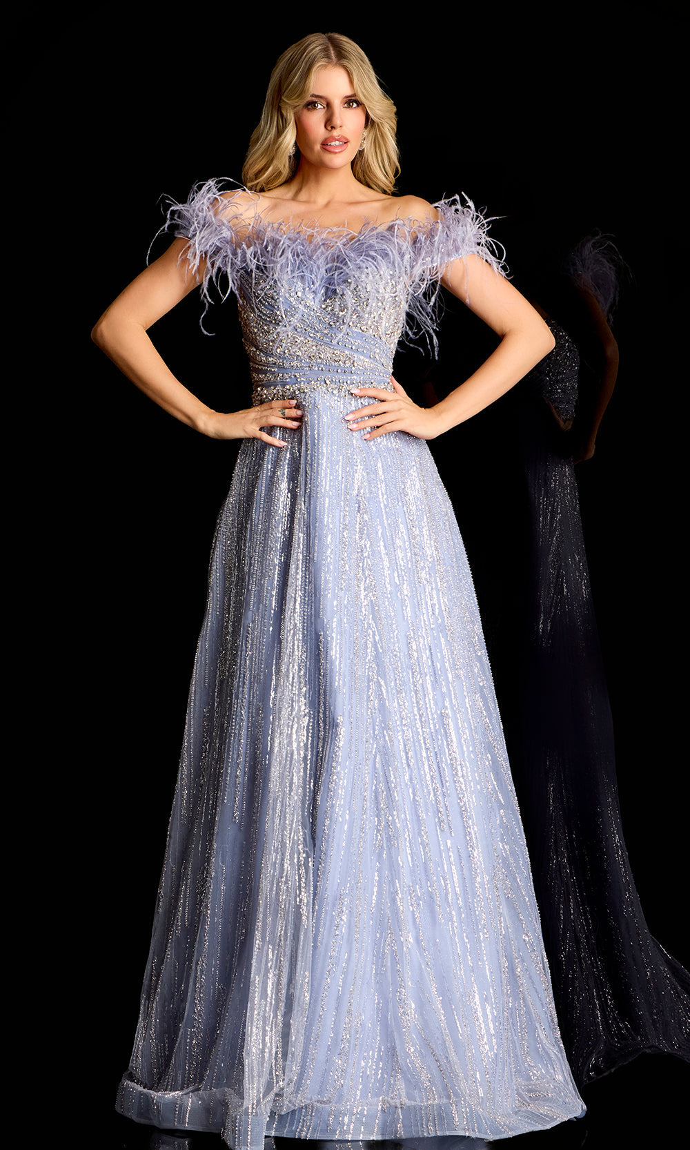 Jovani 45647 - Feathered Neckline A-Line Evening Gown