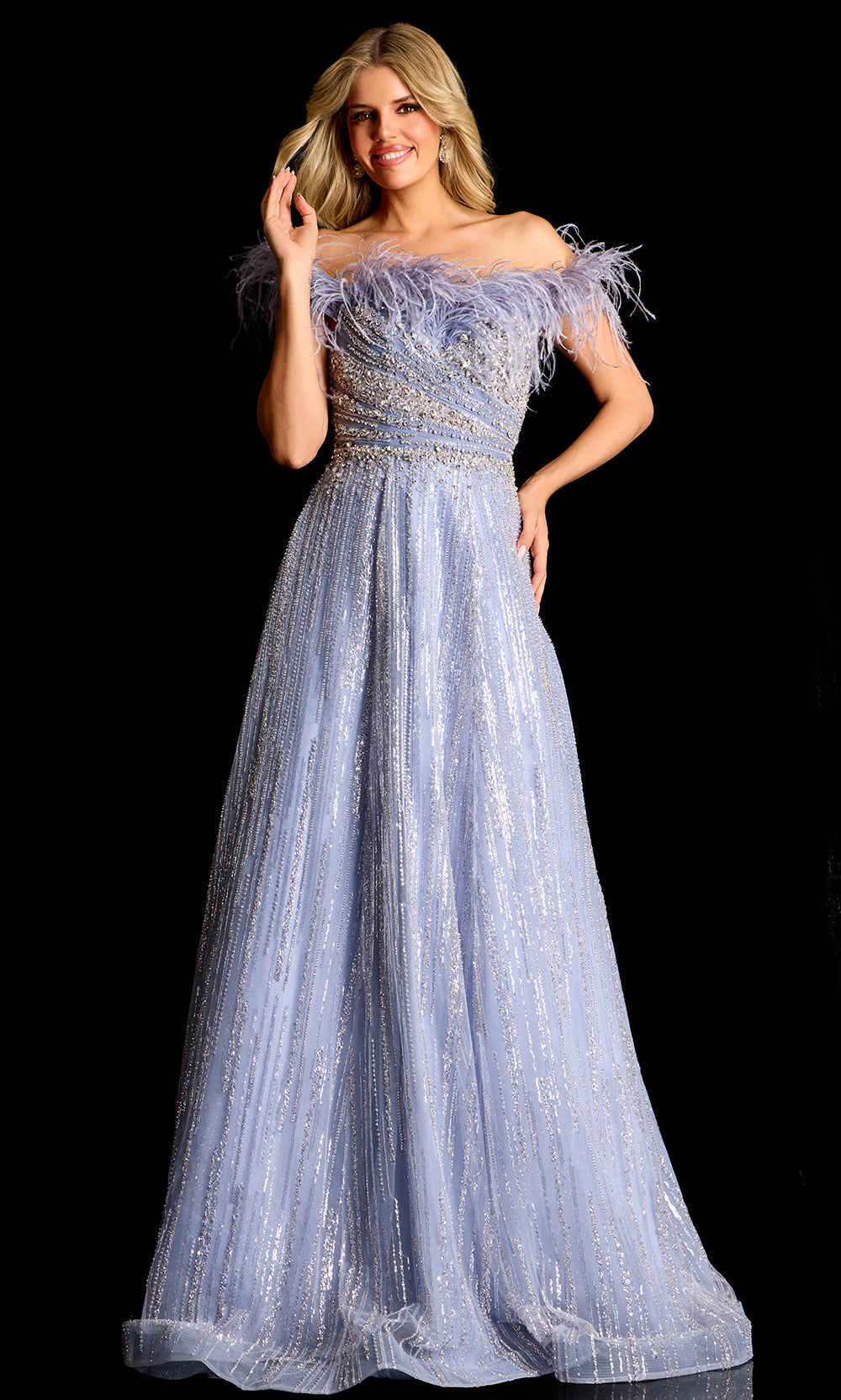 Jovani 45647 - Feathered Neckline A-Line Evening Gown