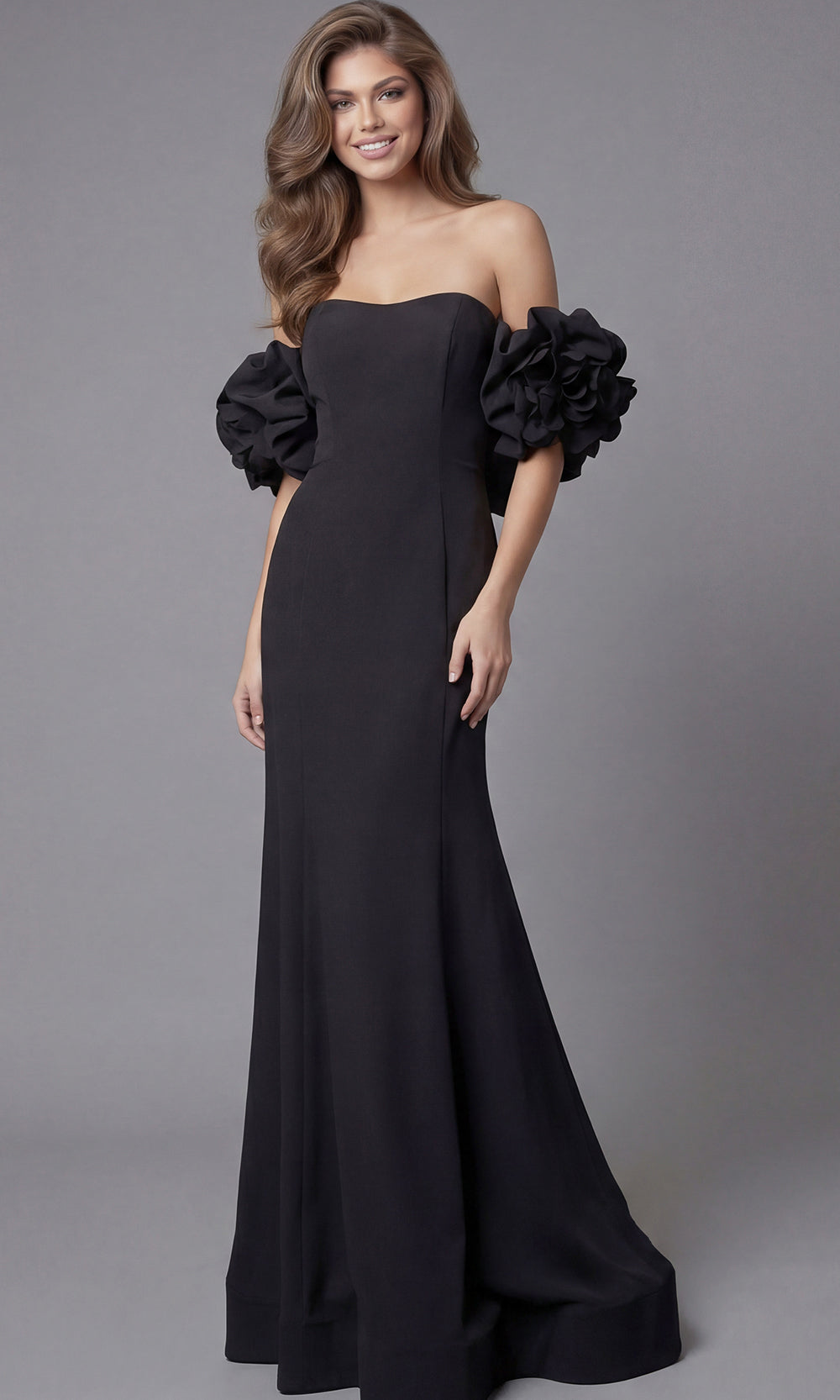 Jovani 45653 - Ruffled Off Shoulder Scuba Long Gown Special Occasion Dress In Black