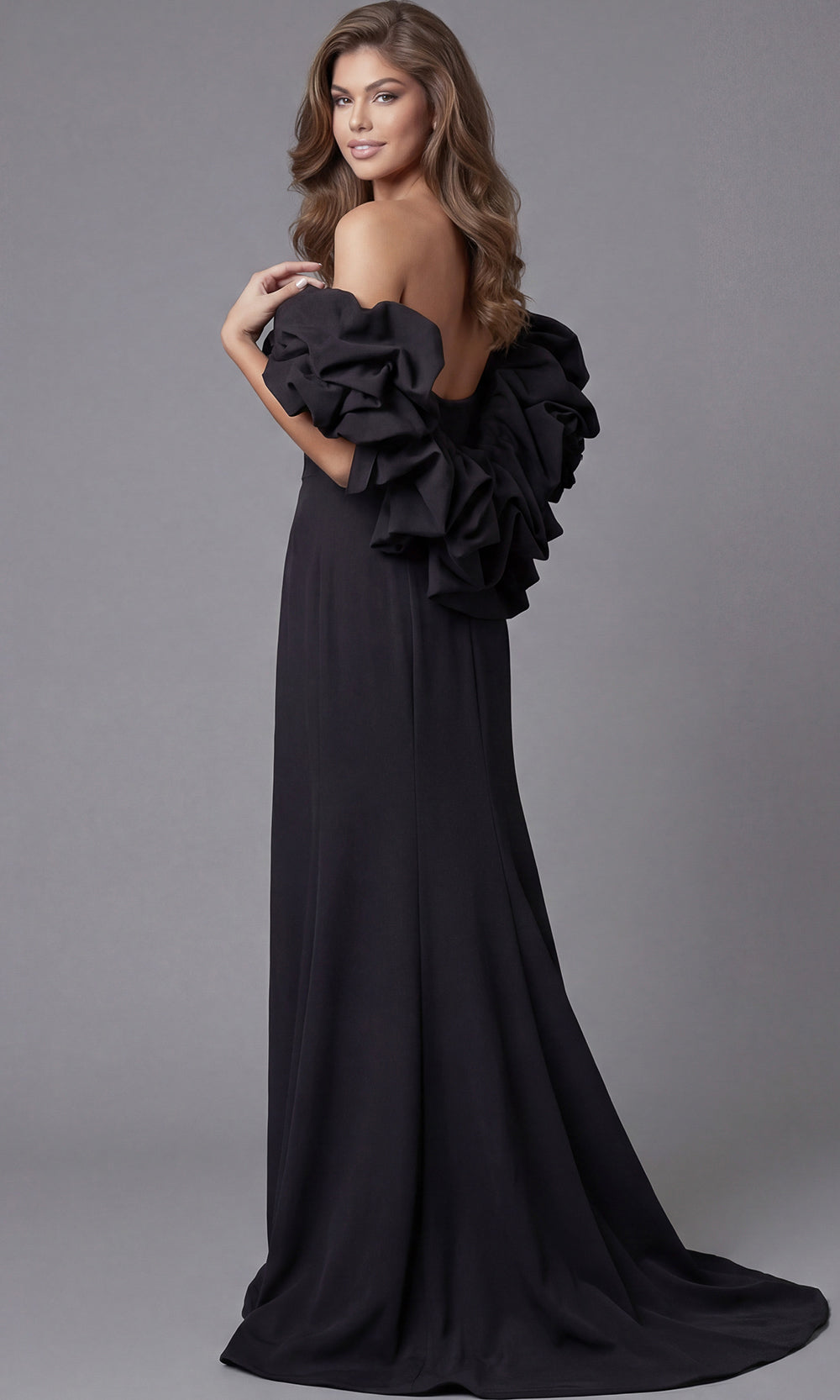 Jovani 45653 - Ruffled Off Shoulder Scuba Long Gown Special Occasion Dress In Black