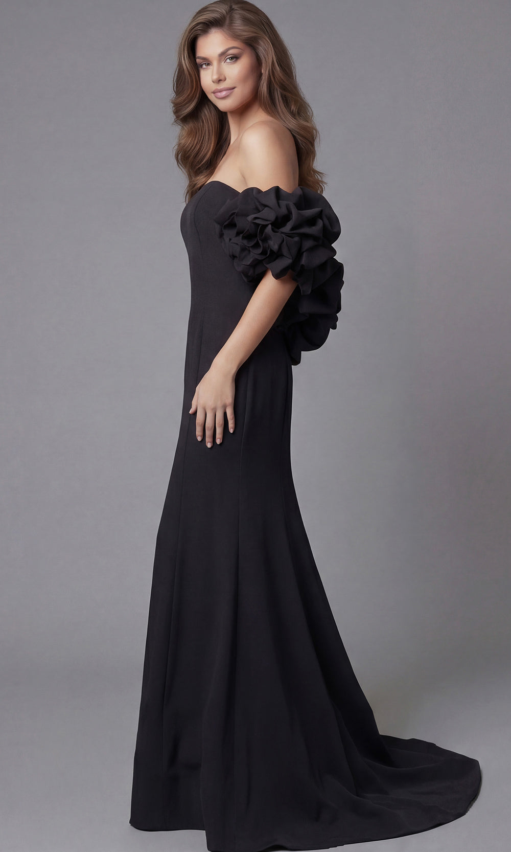 Jovani 45653 - Ruffled Off Shoulder Scuba Long Gown Special Occasion Dress In Black