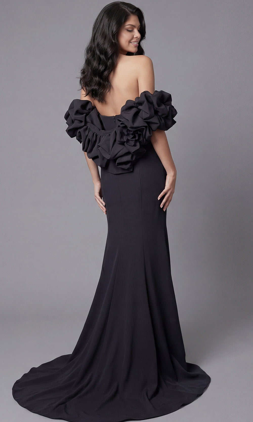 Jovani 45653 - Ruffled Off Shoulder Scuba Long Gown Special Occasion Dress In Black