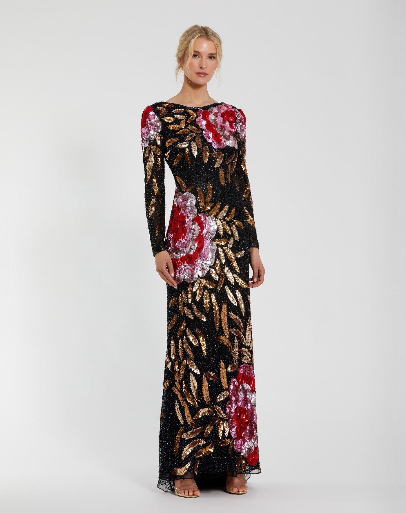 Mac Duggal 4566 - Floral Sequin Long Sleeve Gown In Black and Multi