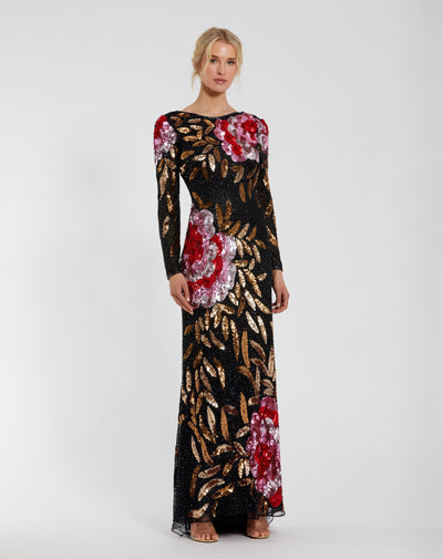 Mac Duggal 4566 - Floral Sequin Long Sleeve Gown In Black and Multi
