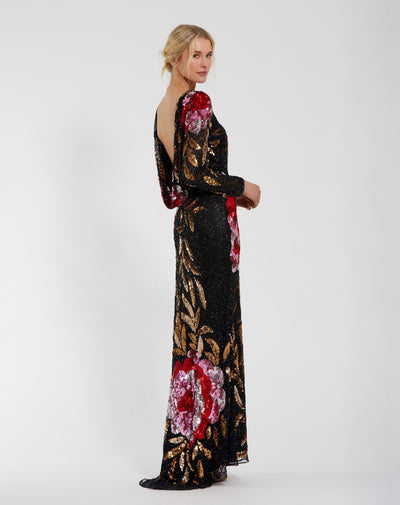 Mac Duggal 4566 - Floral Sequin Long Sleeve Gown In Black and Multi
