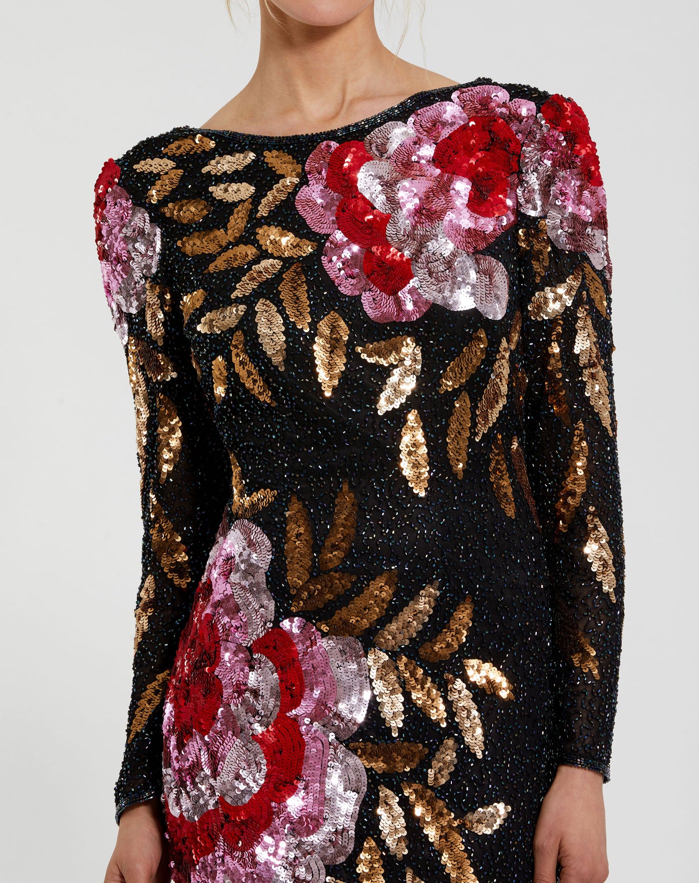 Mac Duggal 4566 - Floral Sequin Long Sleeve Gown In Black and Multi
