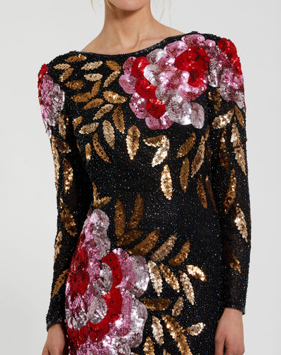 Mac Duggal 4566 - Floral Sequin Long Sleeve Gown In Black and Multi