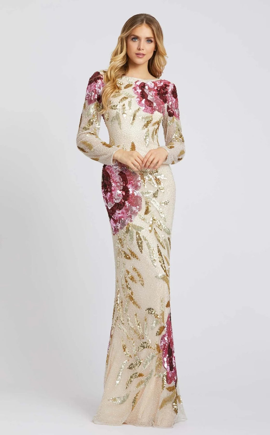 Mac Duggal 4566 - Cowl Back Bateau Gown with Sequin Florals