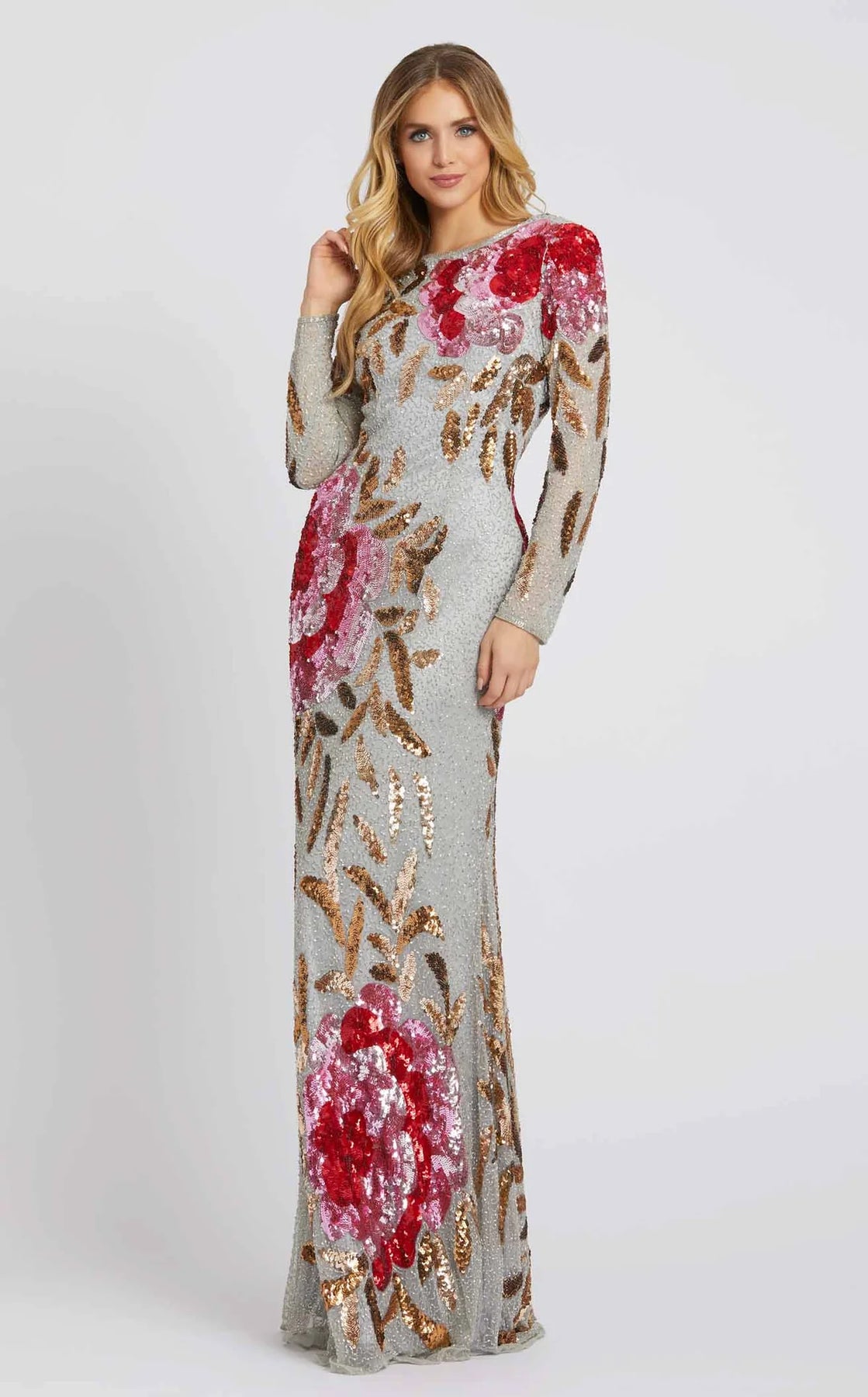 Mac Duggal 4566 - Cowl Back Bateau Gown with Sequin Florals