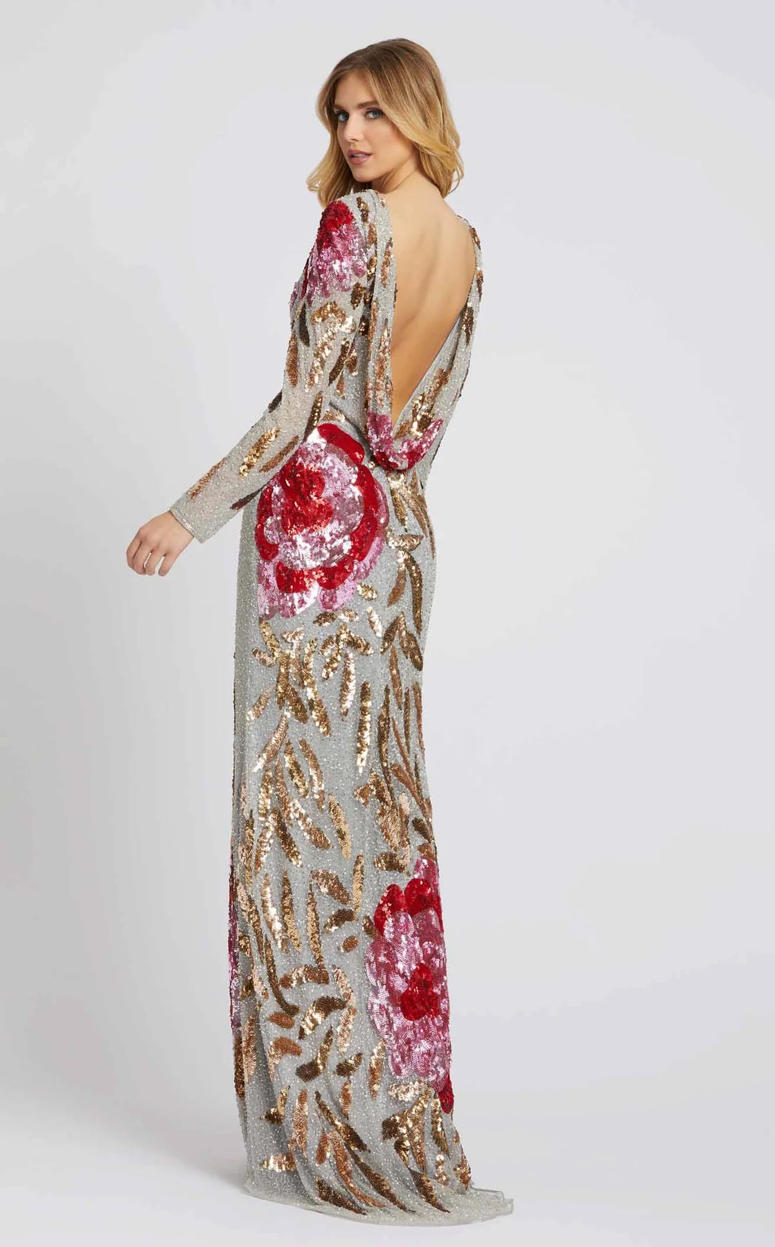 Mac Duggal 4566 - Cowl Back Bateau Gown with Sequin Florals