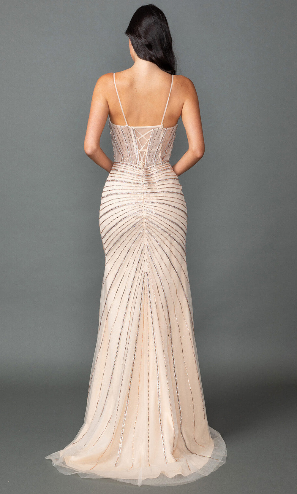 Dancing Queen 4566 - Sleeveless Beaded Ornate Slit Gown Prom Dresses in Champagne 