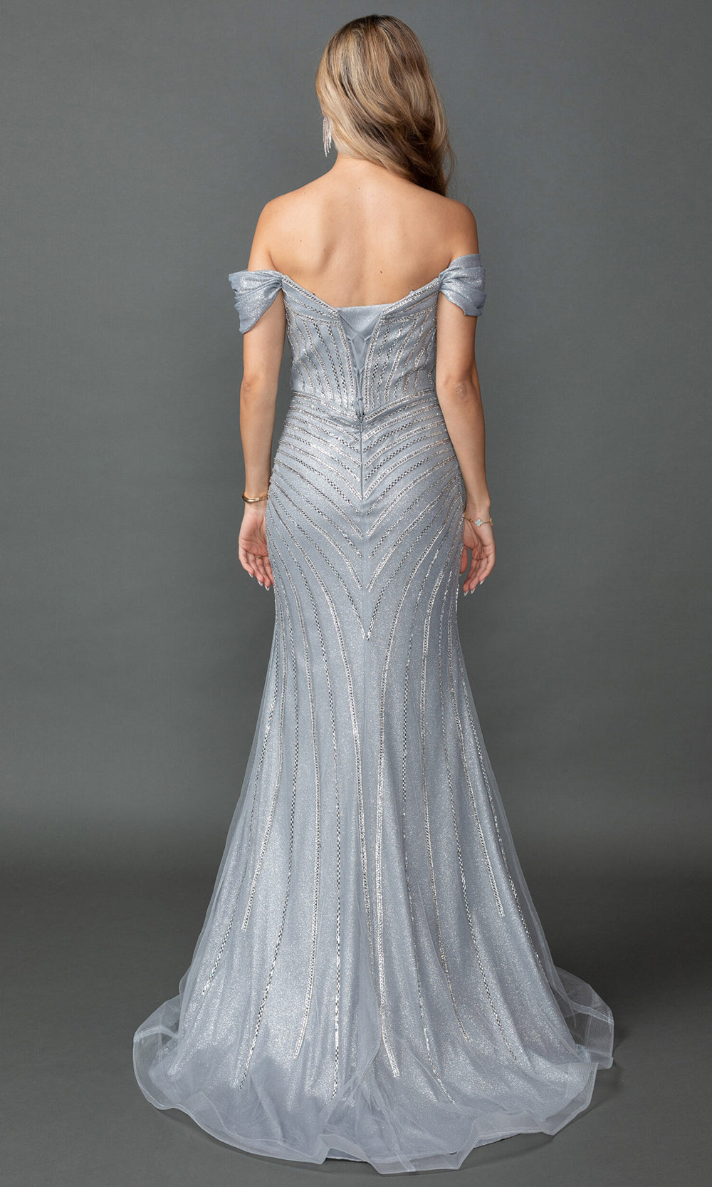 Dancing Queen 4567 - Off Shoulder Basque Beaded Gown Prom Dresses in Silver 