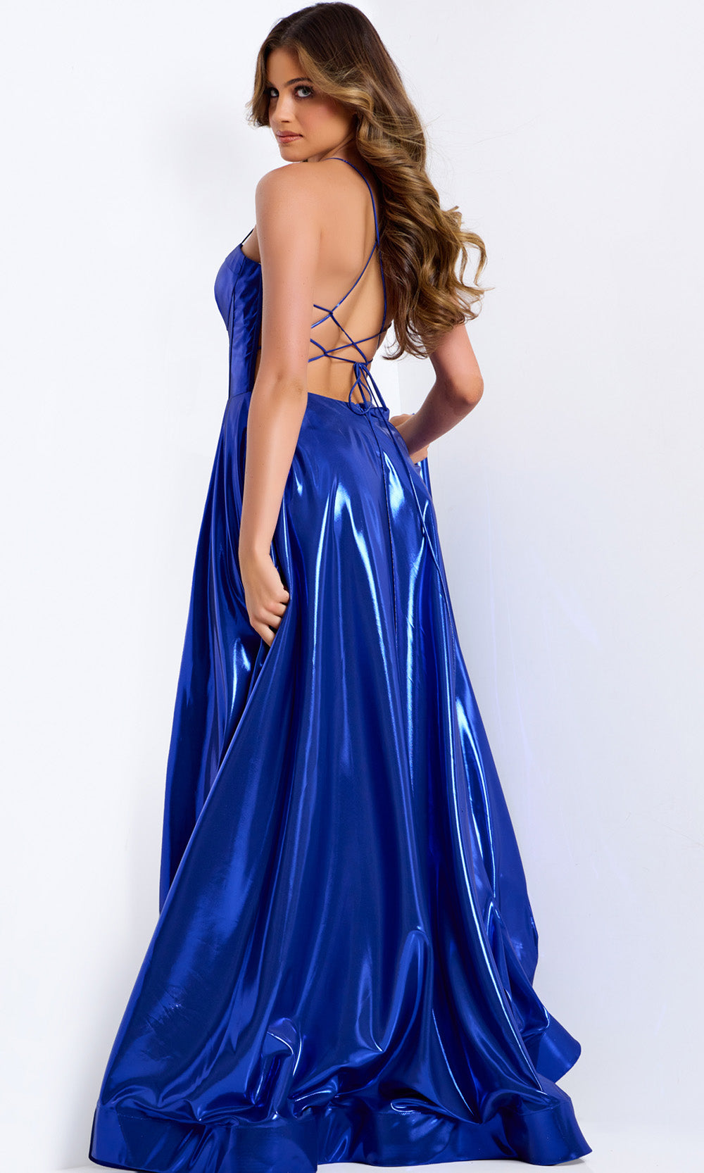 satin a-line dress with strappy lace-up back Alyce Paris 30018 - Short Shimmer Satin/Pockets A-line Dress