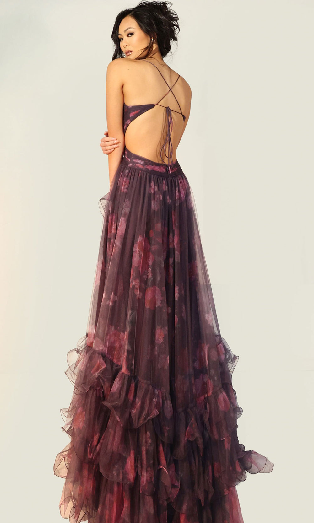 Jovani 45712 - Floral Tulle Spaghetti Strap Prom Gown Special Occasion Dress