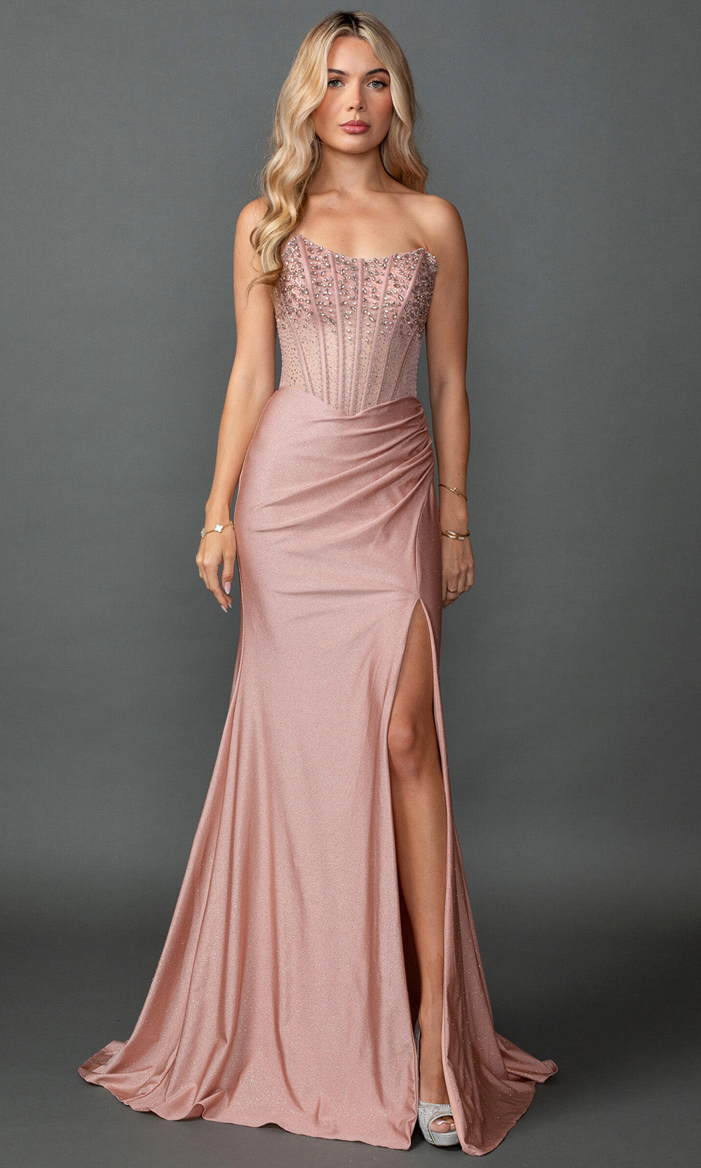 Dancing Queen 4573 - Jeweled Illusion Corset Sheath Prom Gown Prom Dresses in Rose Gold