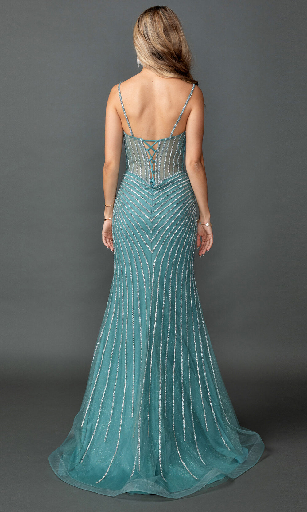 Dancing Queen 4574 - Spaghetti Strap High Slit Beaded Gown Prom Dresses in Blue