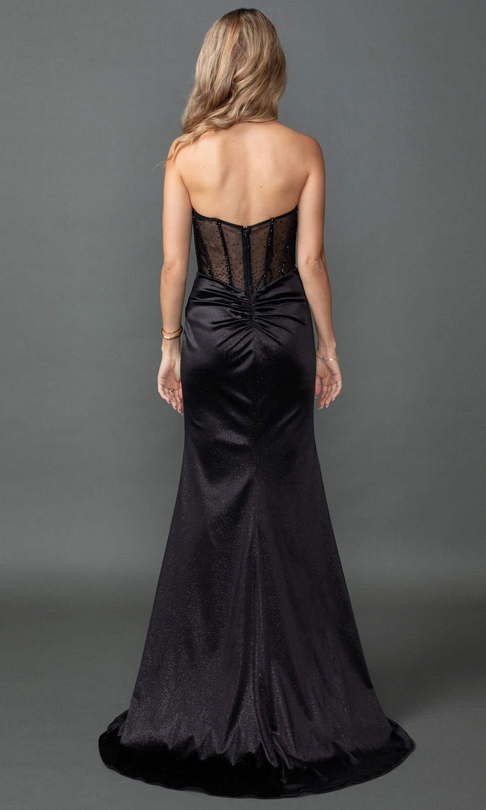 Dancing Queen 4577 - Strapless Beaded Illusion Gown with Slit Prom Dresses in Black